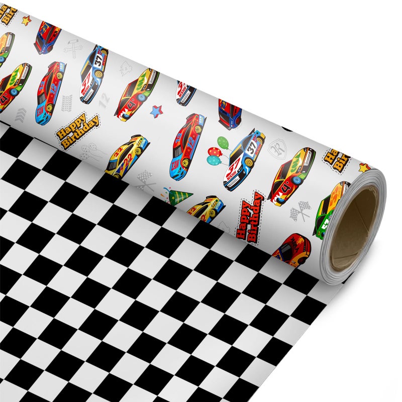 ZINTBIAL Race Car Reversible Wrapping Paper Roll Gift Wrap with Black White Checkered Flag on Reverse Perfect for Holidays Birthdays Babay Shower and Christmas 175 in x 33 ft 48 sq ft
